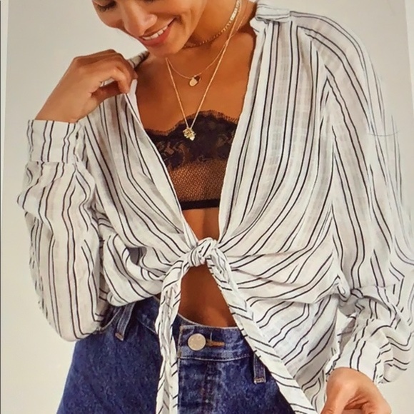 BDG for UO Tie Front Stripe Over Blouse Top - Picture 2 of 12